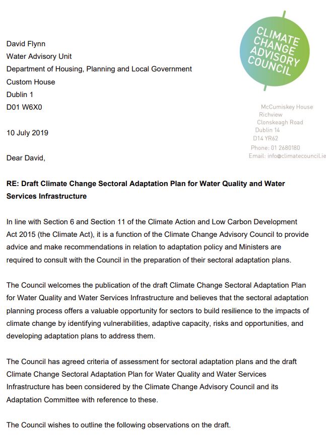 Council response to Draft Water Sectors Adaptation Plan